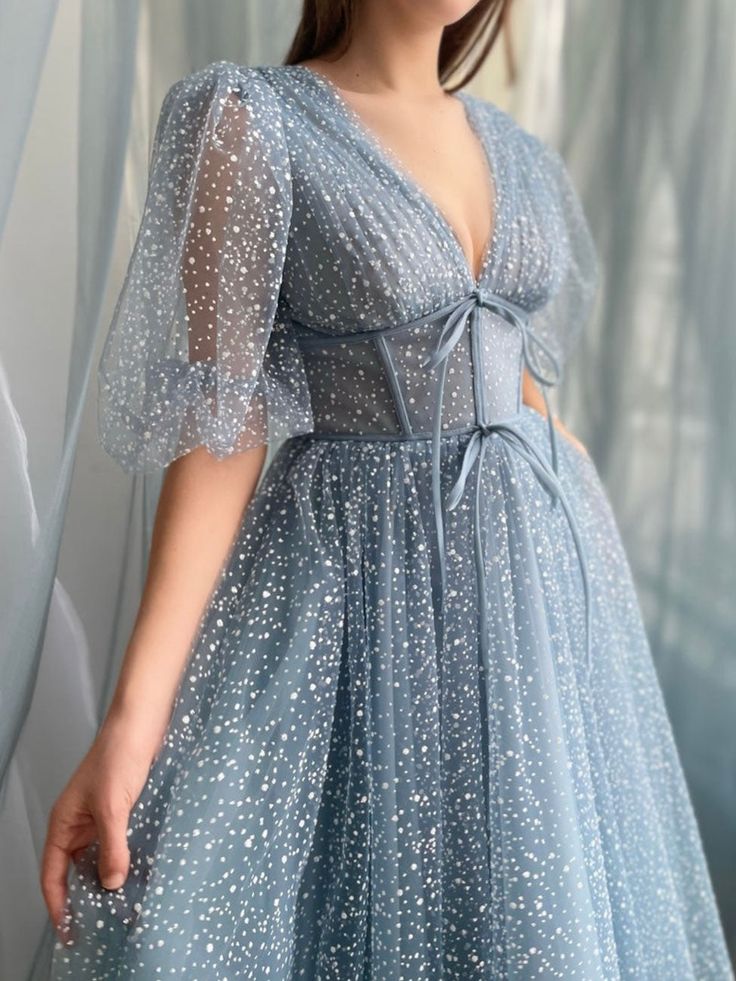 A line Tea Length Gray Blue Prom Dress, Gray Blue Formal Wedding Party Dress     fg5298