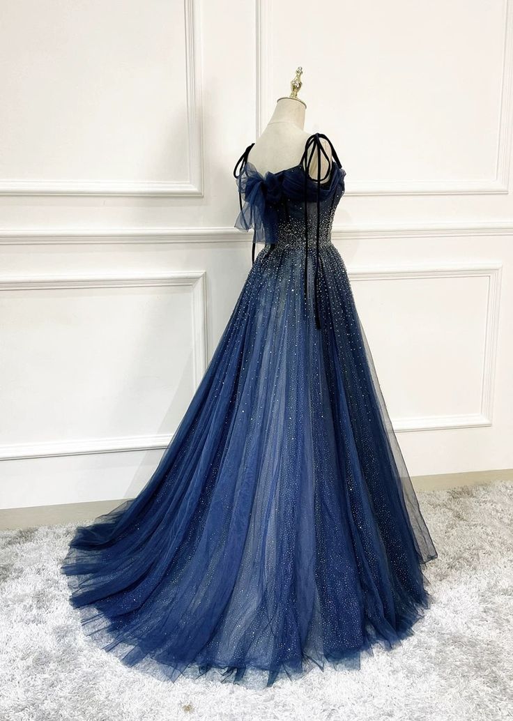 Shiny Navy Blue Tulle Straps Long Prom Dresses Party Dresses, A-line Beaded Prom Dresses      fg5018
