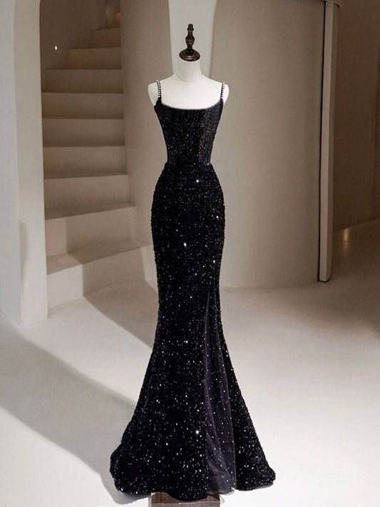 Black Mermaid Sequin Long Prom Dress, Black Formal Dress      fg5019