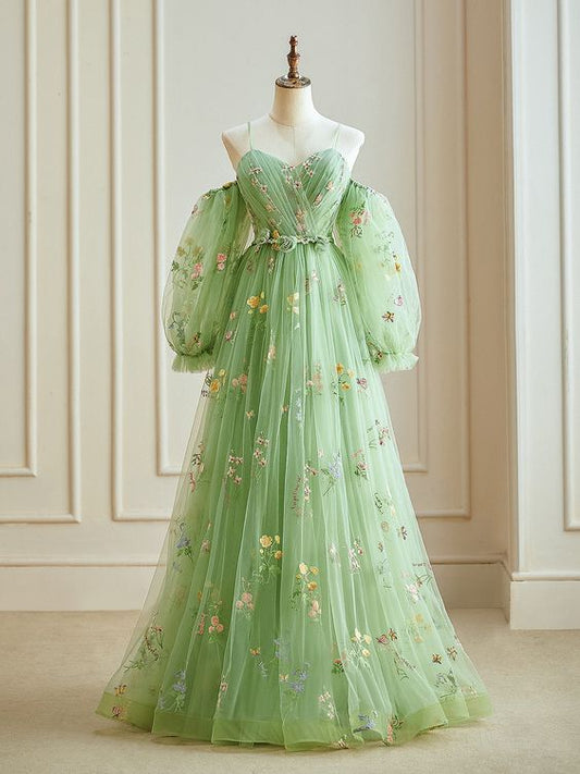 A-Line Sweetheart Neck Tulle Lace Green Long Prom Dress, Green Lace Long Formal Dress     fg5017
