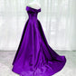 Purple Satin Off Shoulder Long Evening Dress Prom Dress, Purple A-line Party Dresses    fg4593