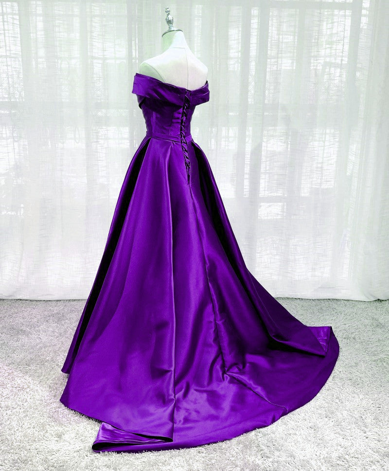 Purple Satin Off Shoulder Long Evening Dress Prom Dress, Purple A-line Party Dresses    fg4593