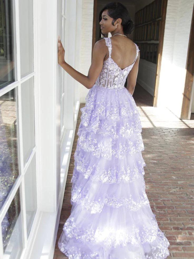 Lilac Sequin Lace Ruffles Prom Dress Split Evening Gown     fg5109