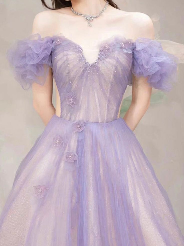 A-Line Off Shoulder Purple Tulle Long Prom Dress, Purple Formal Dress       fg5416