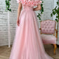 Pink Floral Prom Dresses, Off The Shoulder Evening Gown, Tulle Long Prom Dress  fg4679