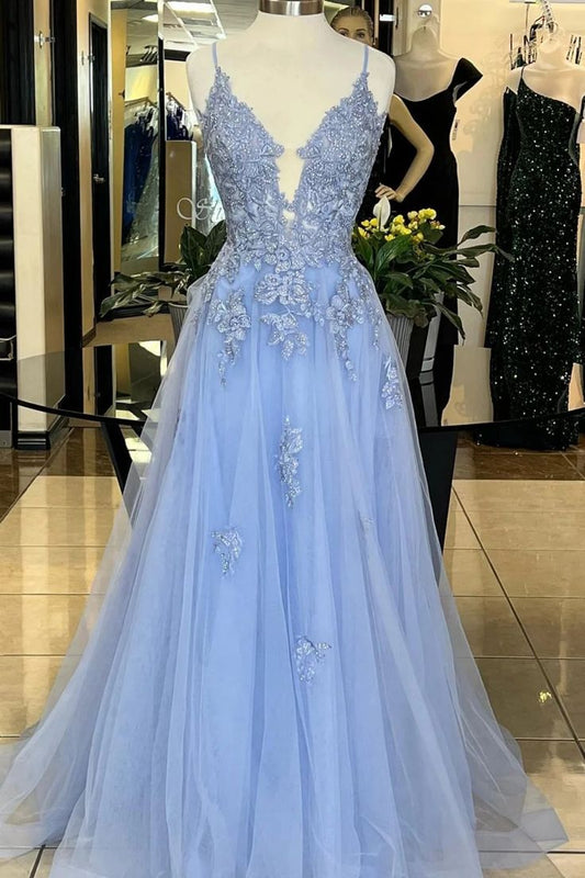 A Line V Neck Blue Lace Long Prom Dress, V Neck Blue Formal Dress, Blue Lace Evening Dress      fg5013