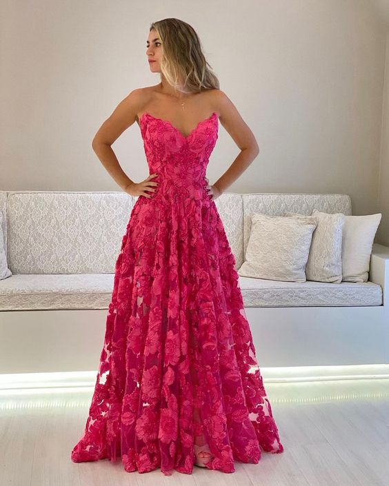 A line Strapless Hot Pink Long Prom Dress Formal Graduation Evening Dresses       fg4763