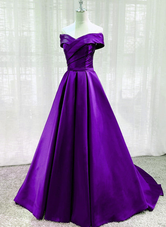 Purple Satin Off Shoulder Long Evening Dress Prom Dress, Purple A-line Party Dresses    fg4593