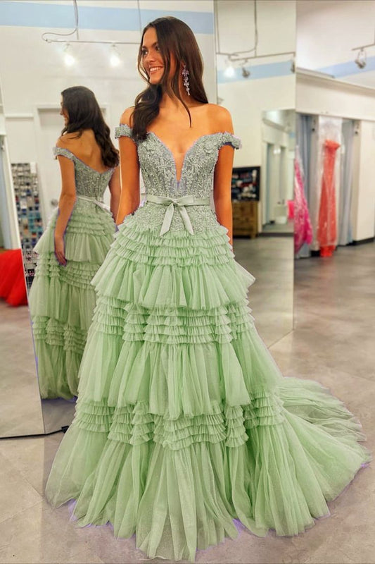 Sage Green Off the Shoulder Tulle Lace Prom Dress with Ruffles     fg4407