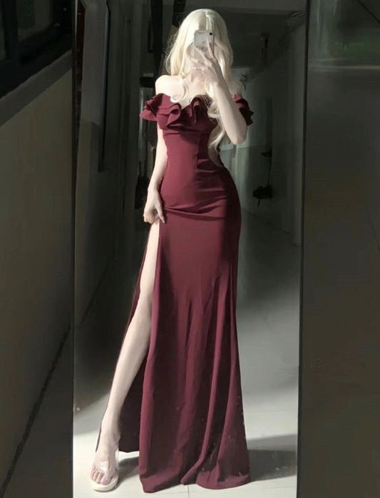 Modest Mermaid Burgundy Slit Prom Dresses Birthday Outfits    fg4943