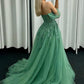 A-Line Tulle Lace Long Prom Dress, Green Off the Shoulder Evening Party Dress     fg5008