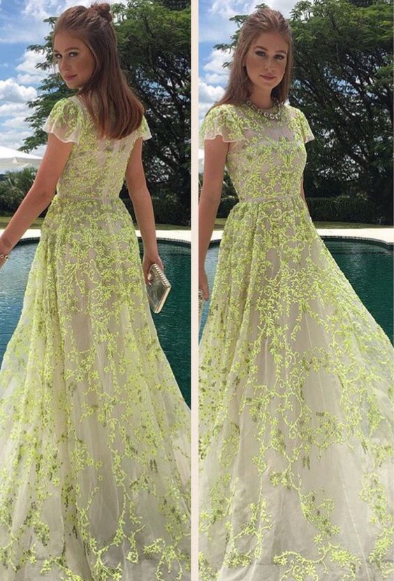 A-Line Lace Cap Sleeves Tulle Long Prom Dress with Appliques       fg4762