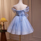 A-line Blue Short Off Shoulder Knee Length Homecoming Dress, Blue Short Prom Dress      fg5023