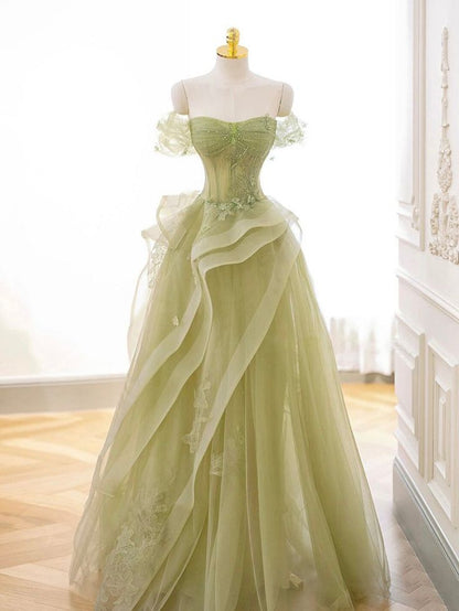 A-Line Off Shoulder Tulle Lace Green Long Prom Dress, Green Lace Long Formal Dress     fg4818