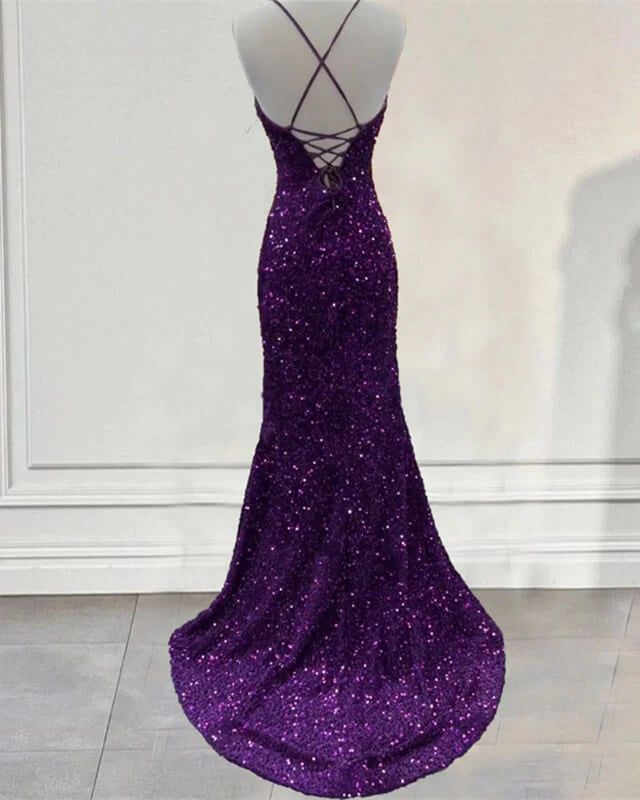 Purple Prom Dress Sequin Mermaid Formal Evening Dress Split      fg4738