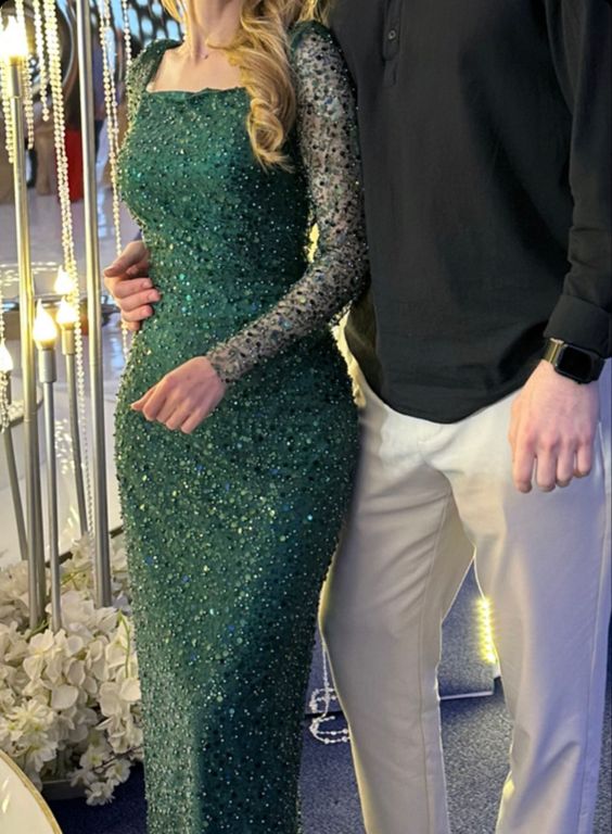 Green Sequin Prom Dress Long Sleeves Evening Gown    fg4675