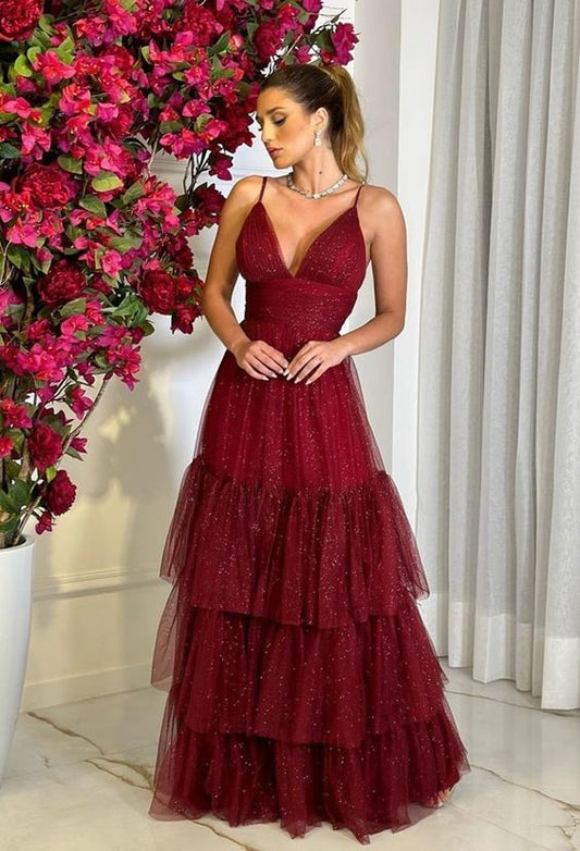 Burgundy Long Prom Dress Tulle Evening Dress     fg4907