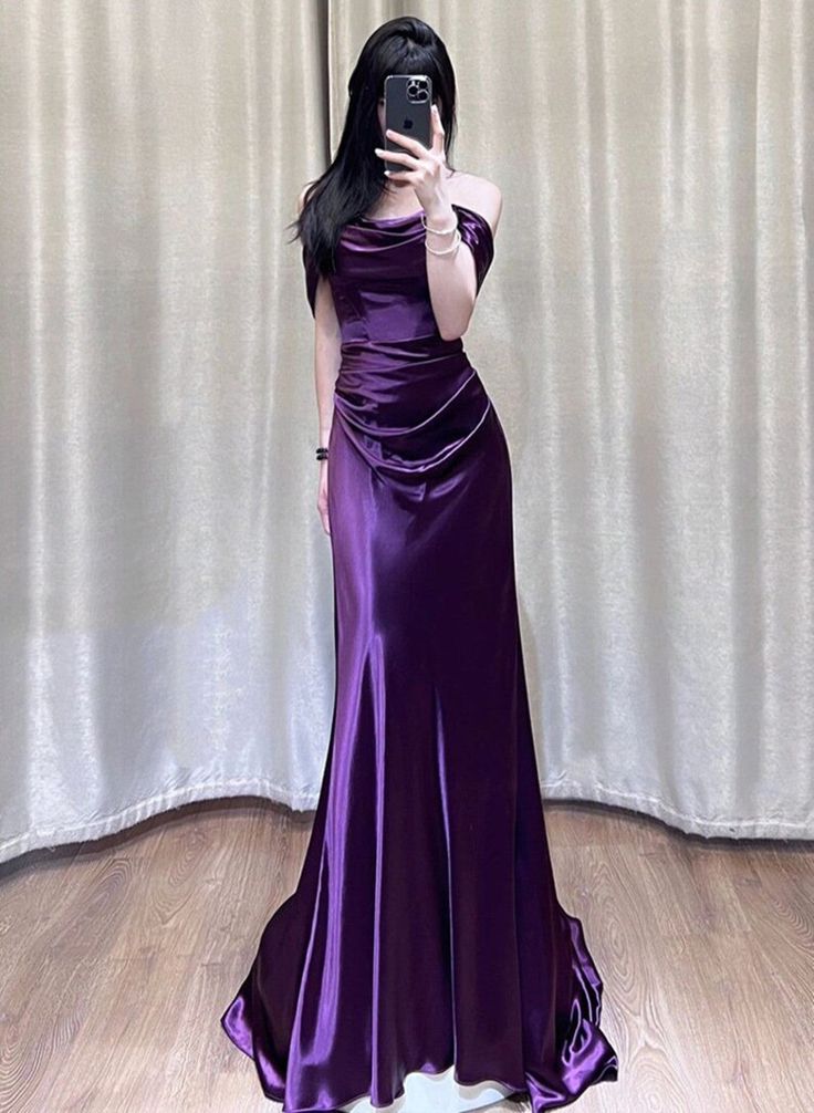 Satin Off Shoulder Long Evening Dress, Satin Prom Dress      fg5209