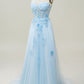 A Line One Shoulder Sky Blue Long Prom Dress with Appliques        fg4713