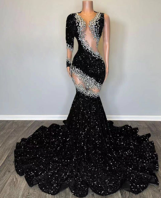 One Shoulder Prom Dresses, Diamond Prom Dresses, Black Sparkly Prom Dresses, Sequined Evening Dresses    fg4383