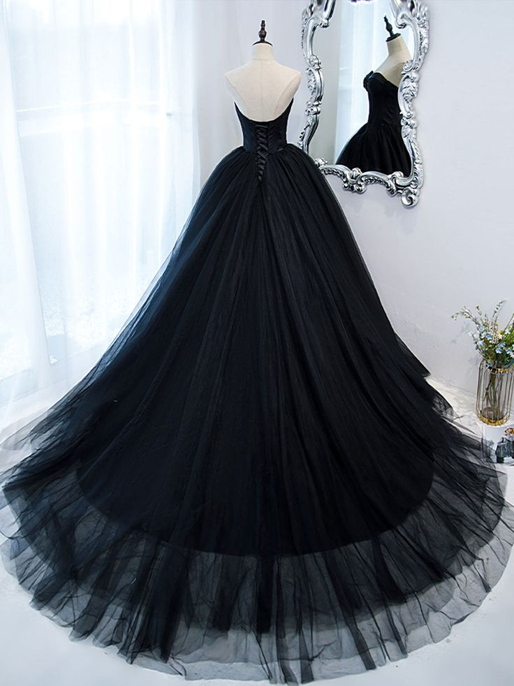 Black Sweetheart Neck Tulle Long Prom Dress, Black Formal Evening Dress      fg5446