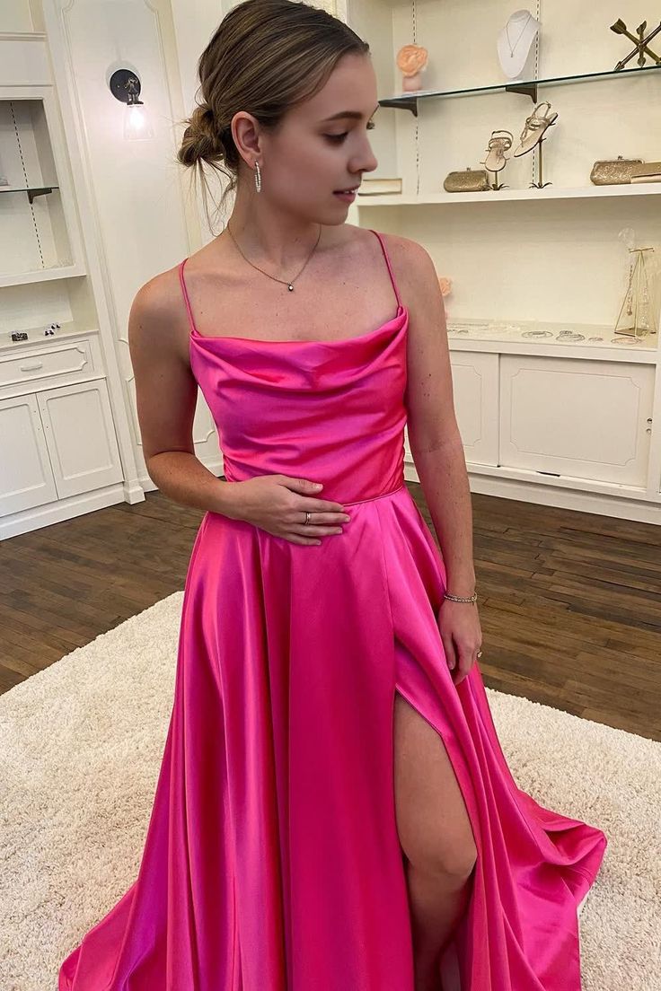 A Line Spaghetti Straps Hot Pink Long Prom Dress with Split Front Evening Dresses         fg4958