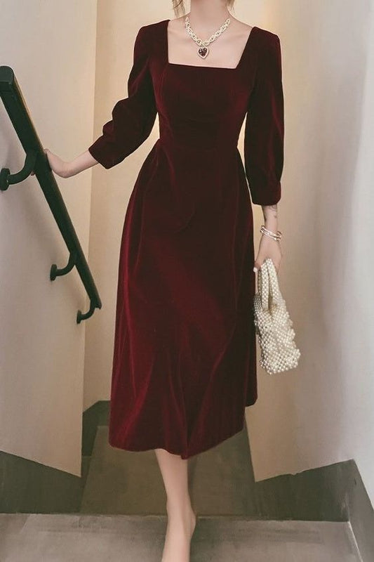 Vintage Square Necking Tea Length Burgundy Velvet Prom Dresses       fg4754