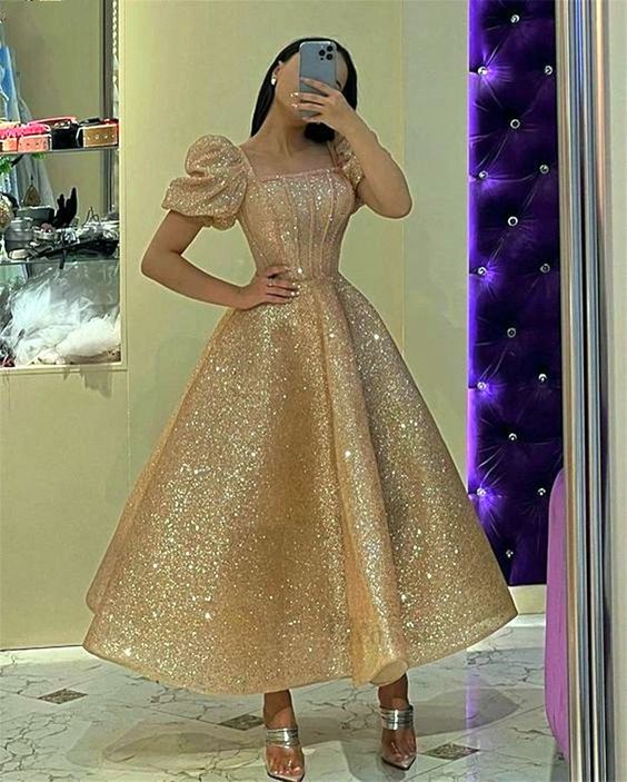 Glitter Champagne Sequined Prom Dresses Puff Short Sleeves Square Neck Ankle Length A Line Formal Evening Gowns        fg4725