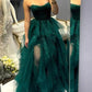 Shiny Strapless High Low Green Tulle Long Prom Dresses, Green Tulle High Low Formal Evening Dresses      fg5186