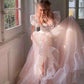 Pink A-Line Organza Long Prom Dress Engagement Dress with Puff Sleeves   fg5426