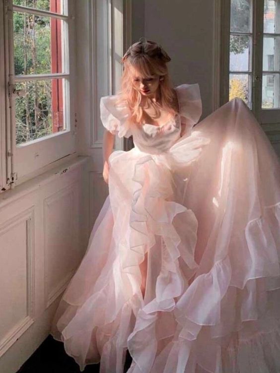 Pink A-Line Organza Long Prom Dress Engagement Dress with Puff Sleeves   fg5426