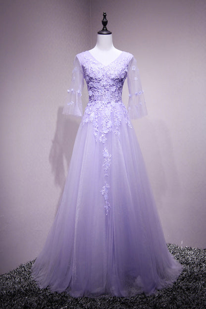 Purple Tulle Flower And Lace Short Sleeves Tulle Long Formal Dress,a-line Lavender Party Dress Prom Dress   fg4486