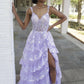 Lilac Sequin Lace Ruffles Prom Dress Split Evening Gown     fg5109