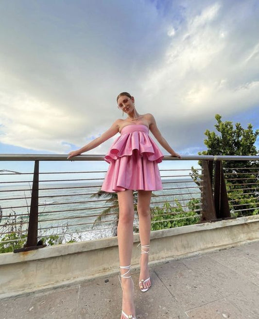 Women Short Satin Strapless Tiered Short Prom Dresses Ruffles Pink Summer Mini Modern Party Dress    fg4354
