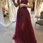 A Line Burgundy Tulle Prom Dress with Split       fg4658