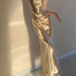 Elegant Gold Satin Backless Mermaid Long Prom Dress Formal Party Dress       fg5213