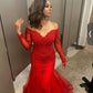 Red Mermaid Off The Shoulder Tulle Prom Dress Eveing Gown      fg5250