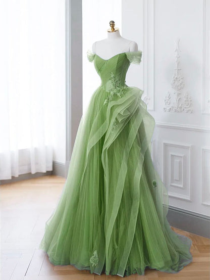 Green A-Line Off Shoulder Long Prom Dress, Green Lace Long Evening Dress       fg4922