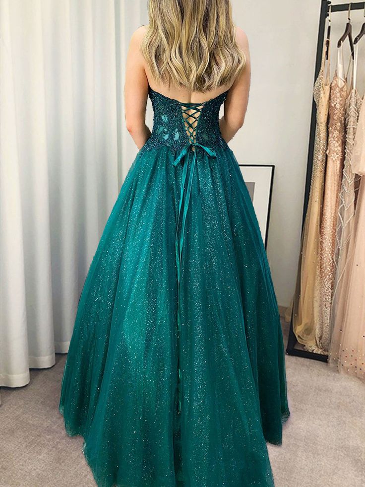 Strapless Green Lace Long Prom Dresses, Green Blue Long Lace Formal Evening Dresses      fg4423