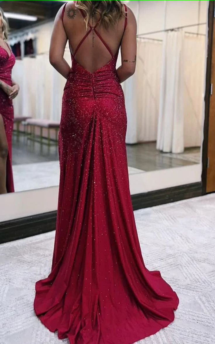 Sparkly Dark Red One Shoulder Sheath Long Prom Dress with Slit Formal Evening Dresses     fg5380