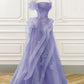 A-Line Off Shoulder Tulle Lace Purple Long Prom Dress, Purple Lace Long Formal Dress      fg4857