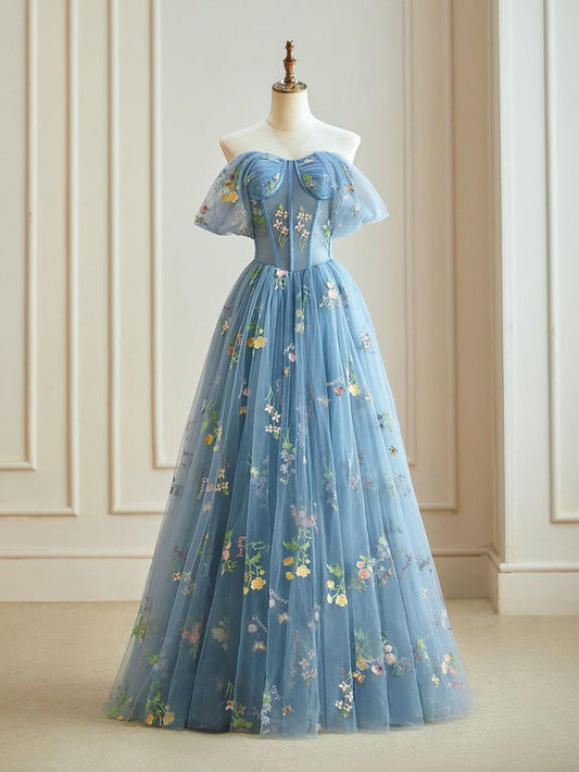 Blue A-Line Tulle Lace Long Prom Dress, Blue Lace Long Formal Dress    fg5021