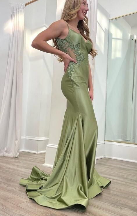 Spaghetti Straps V Neck Green Mermaid Long Prom Dress With Applique        fg5302