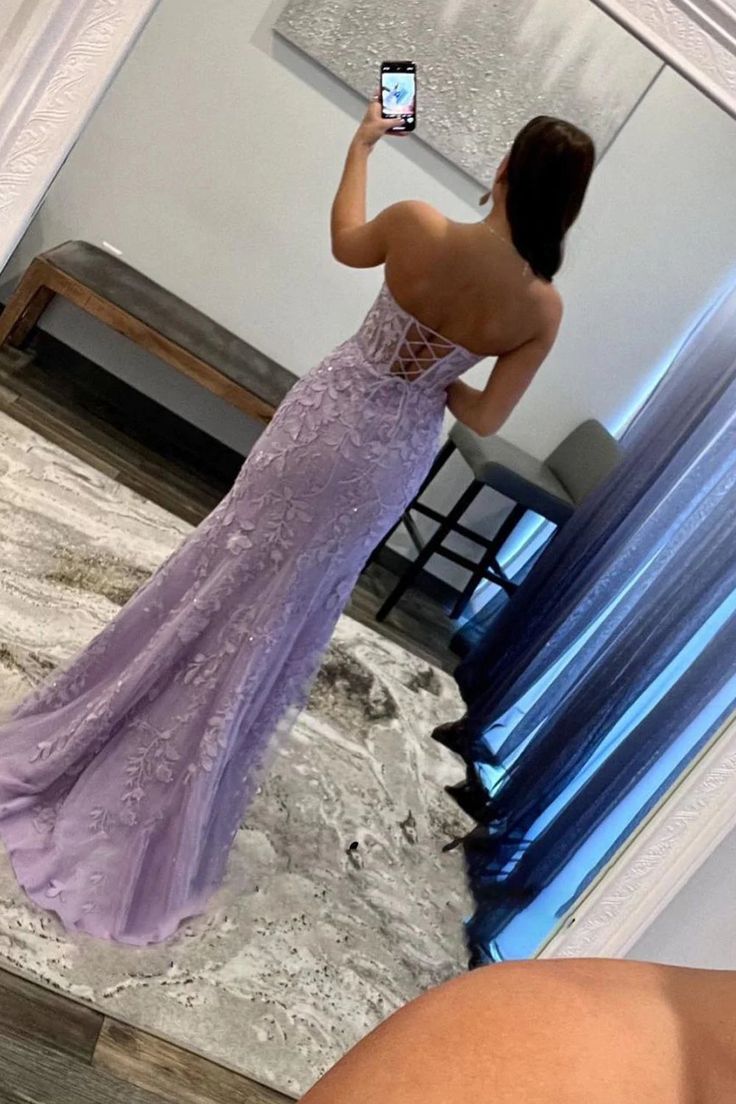 Purple Corset Sweetheart Long Lace Prom Dress with Slit      fg4660