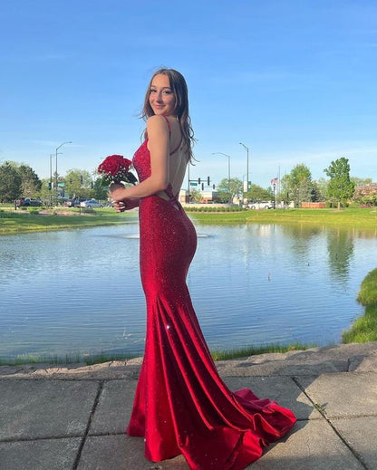 Charming Mermaid V Neck Red Satin Long Prom Dresses with Beading       fg4548