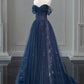 A-Line Off Shoulder Tulle Lace Dark Blue Long Prom Dress, Dark Blue Long Evening Dress      fg5177