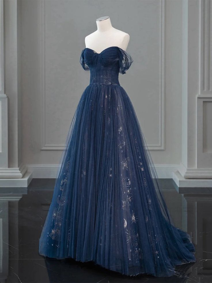 A-Line Off Shoulder Tulle Lace Dark Blue Long Prom Dress, Dark Blue Long Evening Dress      fg5177