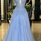 A Line V Neck Blue Lace Long Prom Dress, V Neck Blue Formal Dress, Blue Lace Evening Dress      fg5013