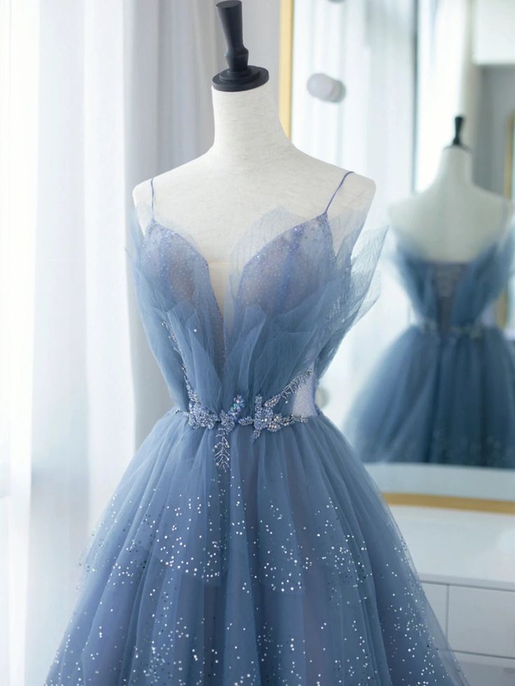 Blue Tulle Gorgeous V Neck Long Prom Dress, A-line Tulle Formal Evening Dress     fg5394