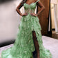 Elegant sage green a-line prom dress, off the shoulder lace split gown     fg5182